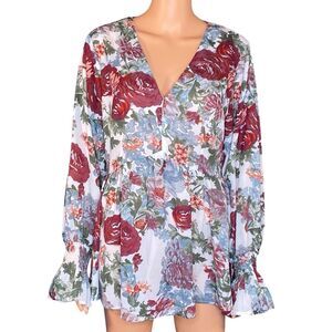 Suzanne Betro Romantic Floral Tunic Blouse Womens Size Large Bell Sleeve V Neck